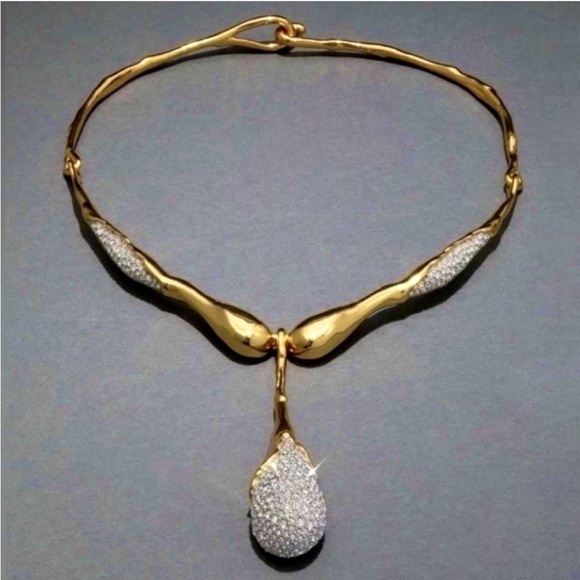 NEW Alexis Bittar Solanales Crystal Teardrop Collar Necklace Gold CZ M29